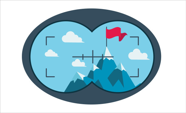 商人举着旗帜爬上山顶，用望远镜望着，员工则在山顶上举着旗帜，企业理念成功，寻找机遇图片下载