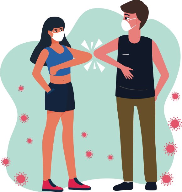 用他们的手肘问候戴着外科口罩的男人和女人。在冠状病毒疫情期间，用撞肘打招呼。新常态社会距离。图片下载