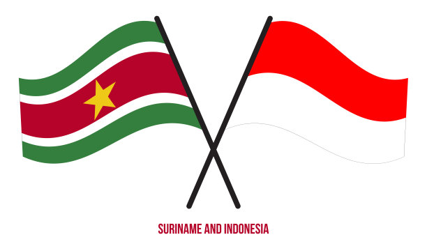 苏里南和印度尼西亚旗帜交叉和挥舞的平风格。官方的比例。正确的颜色。图片下载
