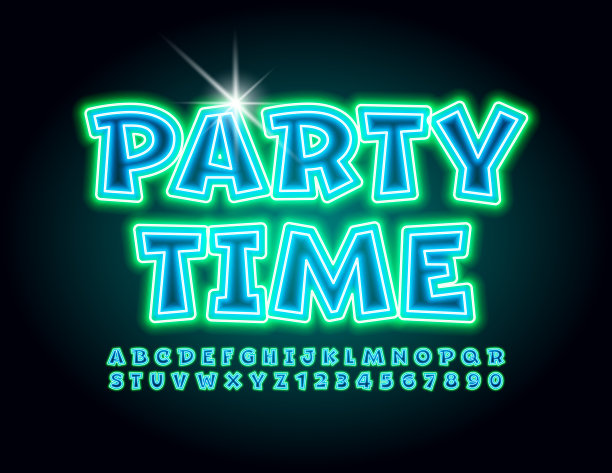 矢量邀请海报派对时间。明亮的电子字母和数字集图片下载