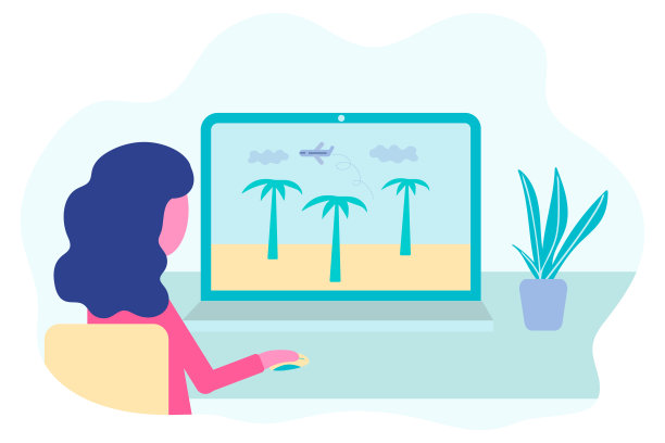 网上预订的概念。一名女子在笔记本电脑上预订行程。旅游机票和度假酒店网站。假期旅行的机票或保险预订。平面设计中的矢量图片下载