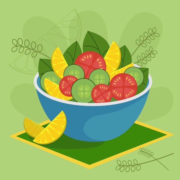 新鲜的夏季黄瓜沙拉，西红柿和柠檬片图片下载