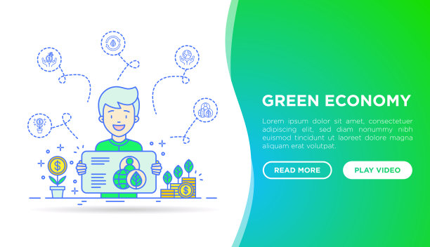 绿色经济网页模板。生态学家提出循环经济方案。细线图标。金融增长，绿色城市，零浪费，全球消费。环境问题的矢量插图。图片下载