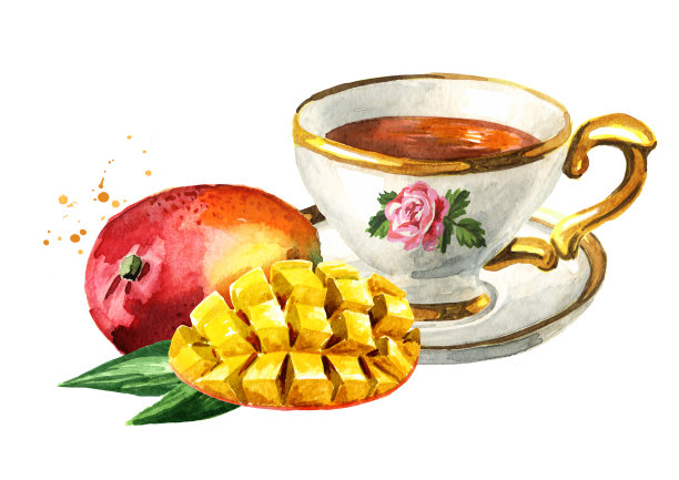 一杯芒果茶。手绘水彩插图孤立的白色背景图片下载