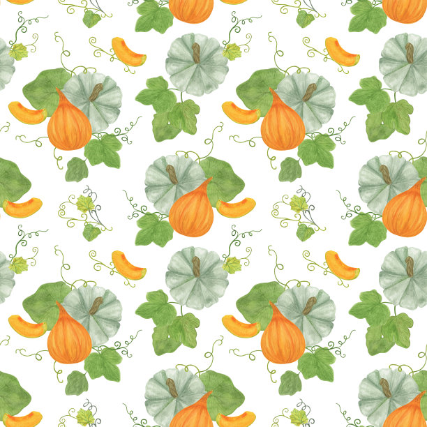 南瓜、切片和叶子无缝图案传统秋季蔬菜水彩手绘插画为秋季节日包装礼品纸，贺卡季节性秋季乡村重复点缀图片下载