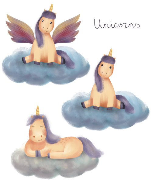 一组可爱的角色-睡觉和坐在云独角兽。图片下载