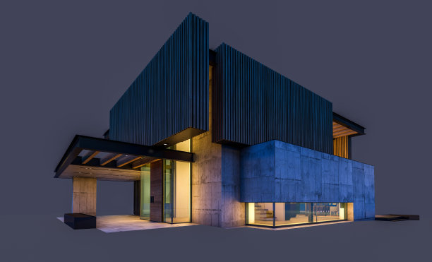 现代住宅的3d渲染，木板立面隔离在黑色上图片下载