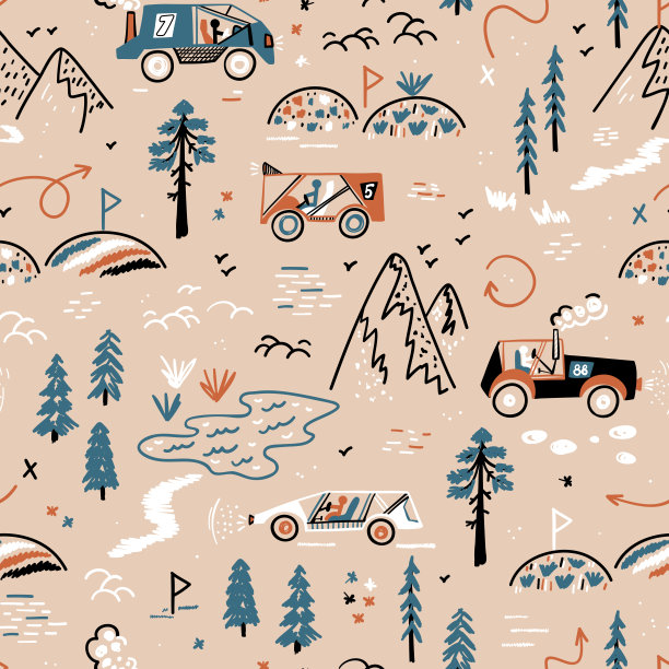越野赛车。山地森林集会。玩具赛车矢量无缝模式。涂鸦小车和山地森林地形。卡通交通背景的孩子复古的颜色图片下载