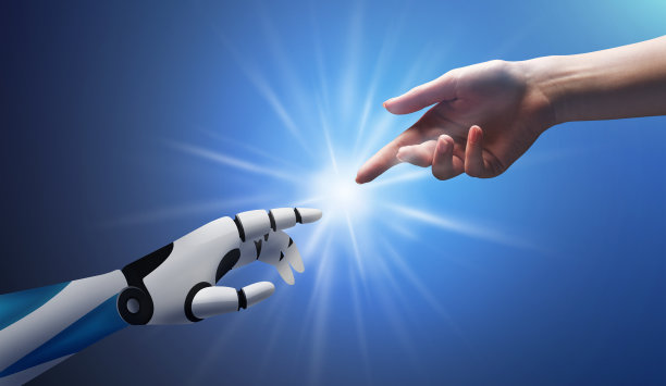 人工智能和人。人类和机器人的手在蓝色的背景上互相接触图片下载