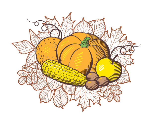 程式化的水果和蔬菜在秋天的叶子背景图片下载