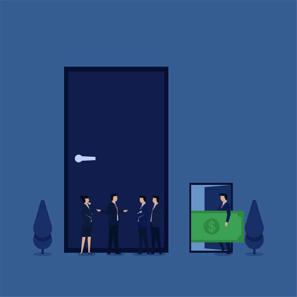 企业扁平化的矢量概念团队在讨论前关门，而其他则以金钱腐败的敞开大门隐喻。图片下载