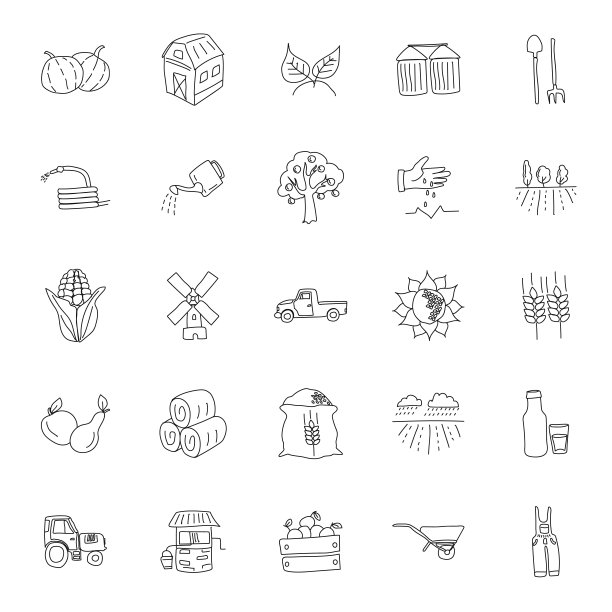 农业和农业手绘线性涂鸦孤立在白色的背景。农业和农业图标设置web和UI设计，移动应用程序和印刷产品图片下载