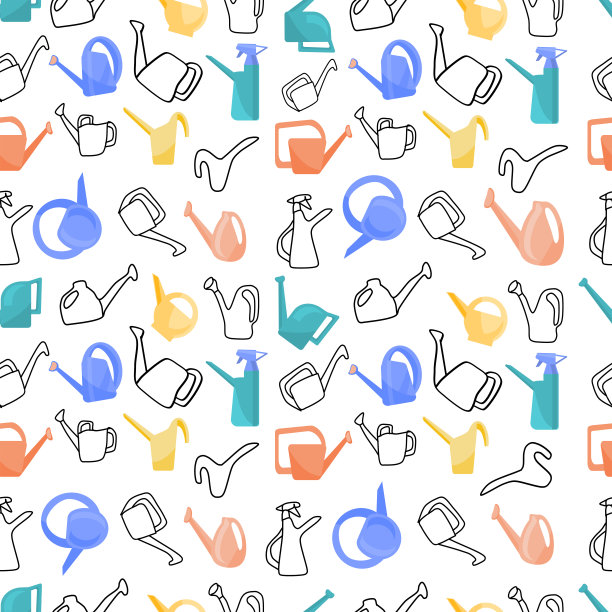 矢量无缝模式可爱的素描风格喷壶孤立在白色的背景。家庭花园的彩色和轮廓喷壶的图案采用卡通风格制作。图片下载