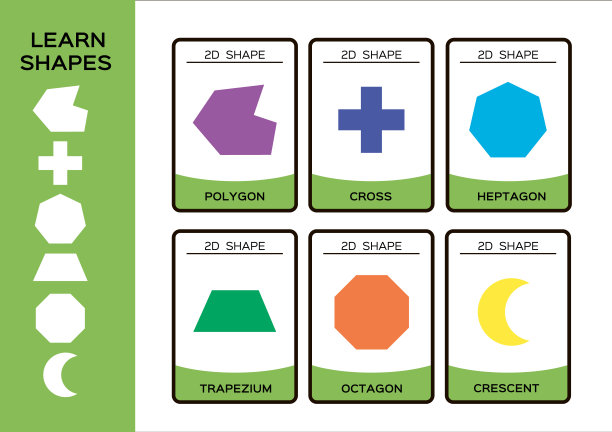 2D几何图形。《儿童基本几何图形》6张抽认卡。学习塑造幼儿园教育活动。自主学习。可打印A4学前游戏幼儿园。图片下载