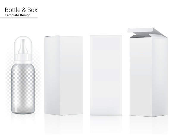 3D透明婴儿瓶模拟现实的牛奶饮料和盒子的产品在白色背景插图。保健饮料概念设计“，”图片下载