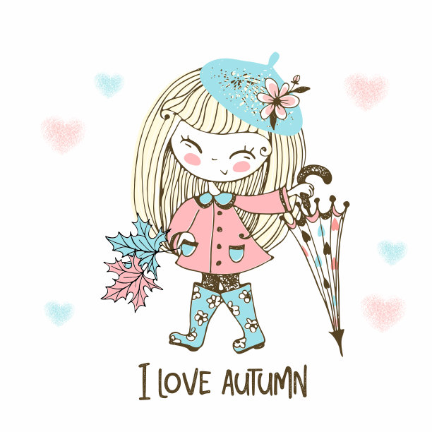 一个可爱的小女孩带着一把大伞，穿着胶靴在秋天的雨中行走。向量图片下载