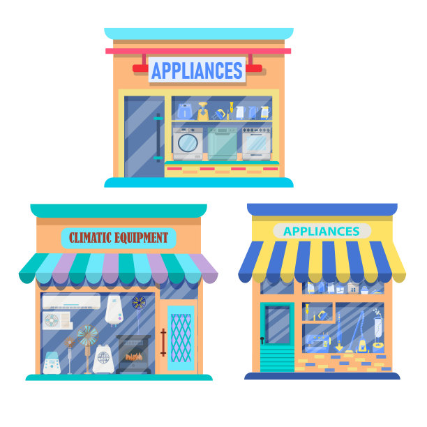 一套商店为家庭和气候设备。外立面的插图。在白色背景上孤立的商店立面集合图片下载