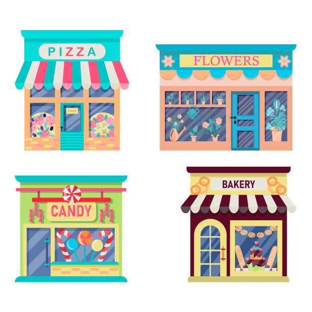 商店立面的集合:面包店、披萨店、花店、糖果店，孤立在白色背景上。矢量插图在平面风格图片下载