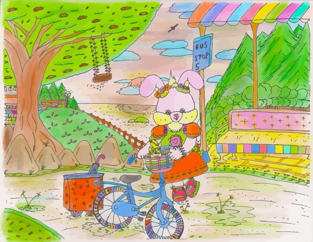 卡通粉红兔兔和小鸟的朋友与自行车插图2020图片下载