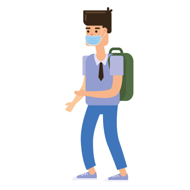 脸上戴着防护面具的小学生。小学生防范COVID-19冠状病毒的概念。向量孤立的插图图片下载