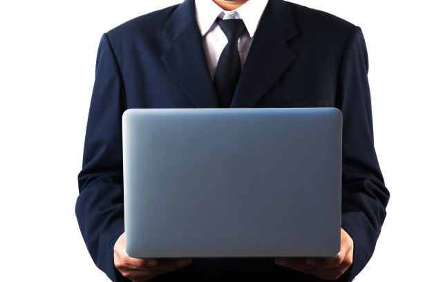 商人拿着笔记本电脑，白色背景图片下载