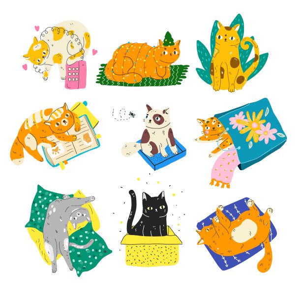 一组有趣的卡通猫在不同的姿势。猫喜欢玩，读书，坐在盒子里。现代平板风格宠物图片下载