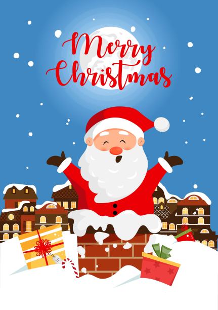 圣诞贺卡设计与圣诞老人卡在烟囱上的雪屋屋顶，夜景城市和礼物。矢量图图片下载