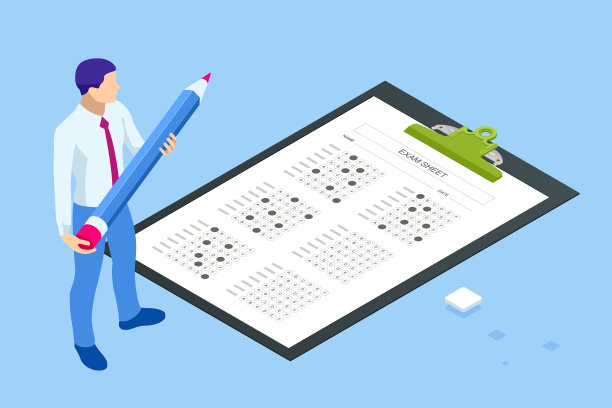 学生用铅笔在答题纸上填写答案。教育的概念。等距矢量图图片下载