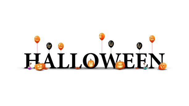 万圣节的标志、标志、象征。3D标题与万圣节南瓜，气球和枫叶孤立在白色的背景图片下载