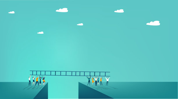 小商家站在两边，试图与梯子连接。成功之路，汇聚点，共同努力，财务成长，专业成就。图片下载