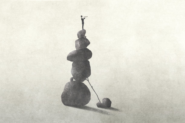 商人在一个不稳定的塔上用望远镜观察未来，超现实的概念图片下载