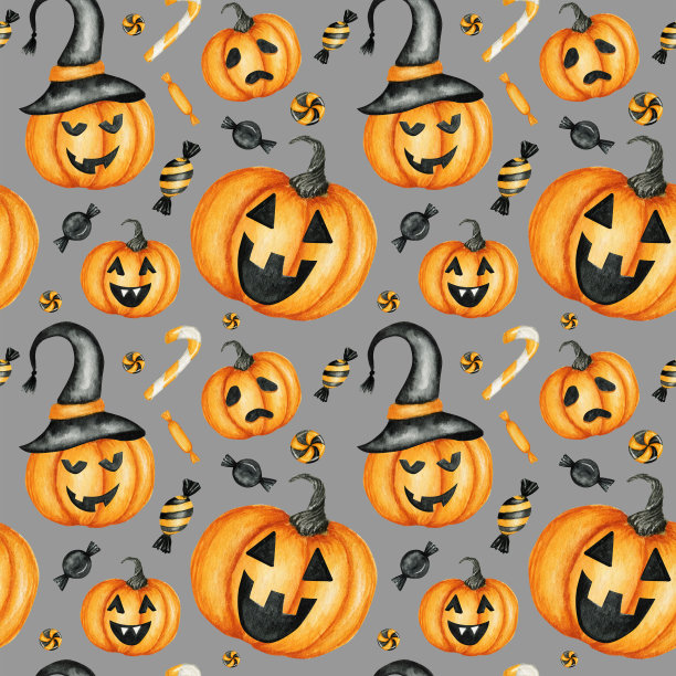万圣节快乐无缝图案南瓜灯南瓜，糖果糖果节日派对装饰。水彩卡通灰色背景插图。万圣节幽灵墓地剪贴簿纸。图片下载