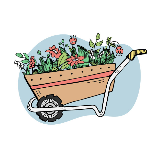带有植物和鲜花的花园手推车的涂鸦插图。植物种类,园艺。图片下载