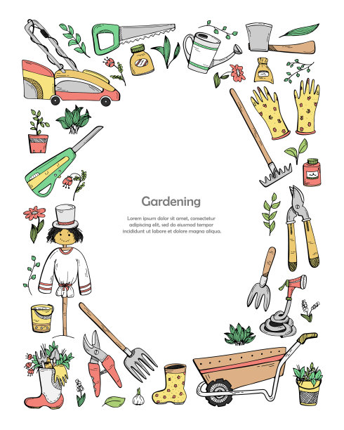 一个模板与地方的文本手绘涂鸦关于一个乡村房子，花园设备，和种植蔬菜。图片下载