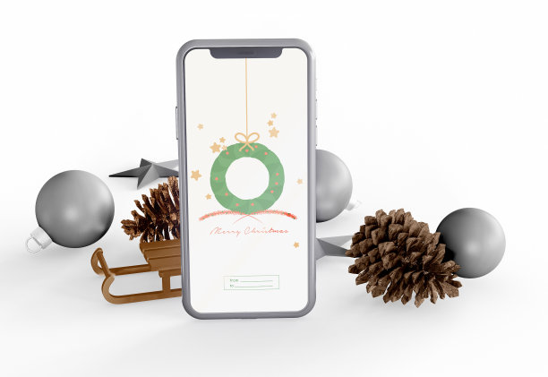 3 d演示。带有圣诞装饰的手机。图片下载