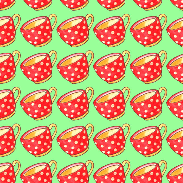 无缝图案与红色圆点杯。水彩背景和纹理与马克杯从热饮料。手绘厨房用品。完美的包装，家居装饰，纺织，菜单，咖啡馆图片下载