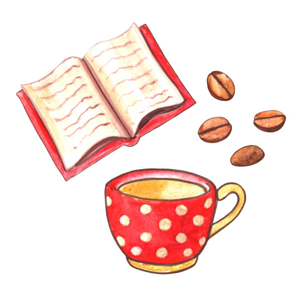 水彩打开的书，红色圆点杯，和咖啡豆。手绘一套舒适的设计元素在秋天和冬天的晚上图片下载