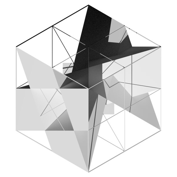 抽象的现代雕塑。3 d几何组成。立方体框架中的体积图。3 d渲染。图片下载