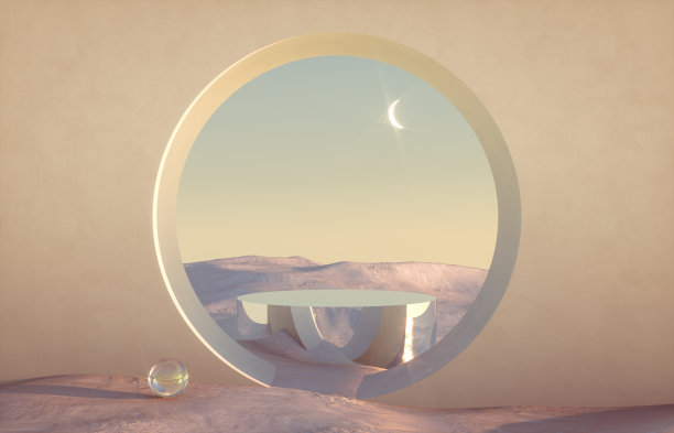 抽象的冬季场景与几何形式，在自然光线下的拱形平台。超现实主义的背景。图片下载