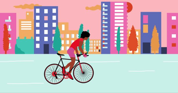 骑自行车的非洲裔美国妇女在夏季的城市里骑自行车在日落。卡通、平面设计图片下载