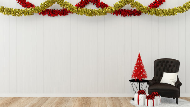 室内客厅与圣诞树装饰3d渲染图片下载
