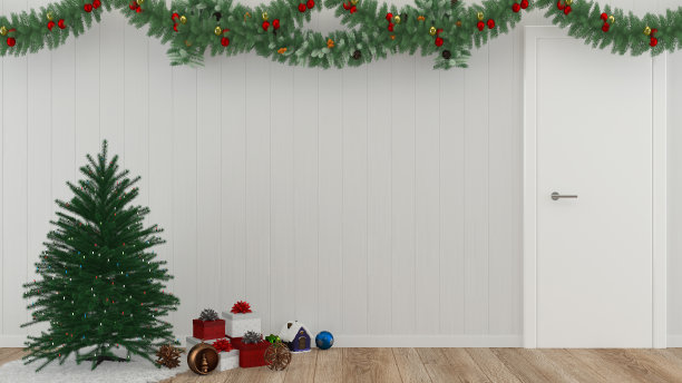 室内客厅与圣诞树装饰3d渲染图片下载