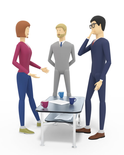 三个同事在休息时间讨论问题。白色背景。三维演示图片下载