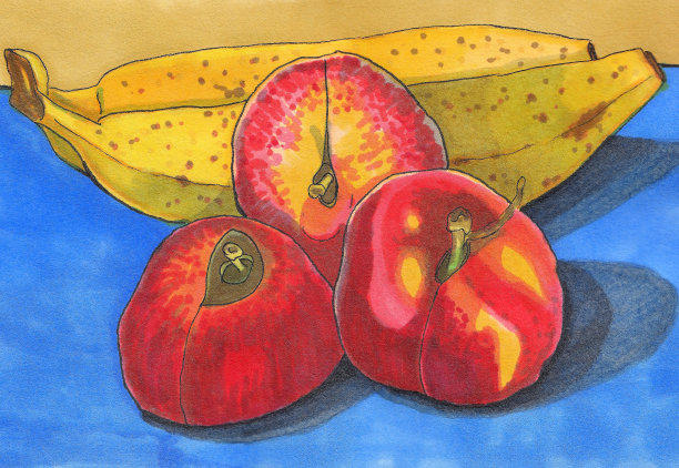 手绘插图三个桃子和香蕉。笔标记。图片下载