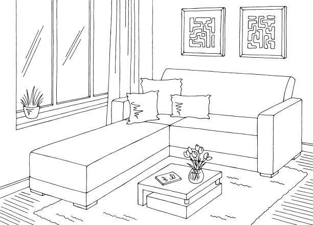 客厅图形黑白家居室内素描插图矢量图片下载