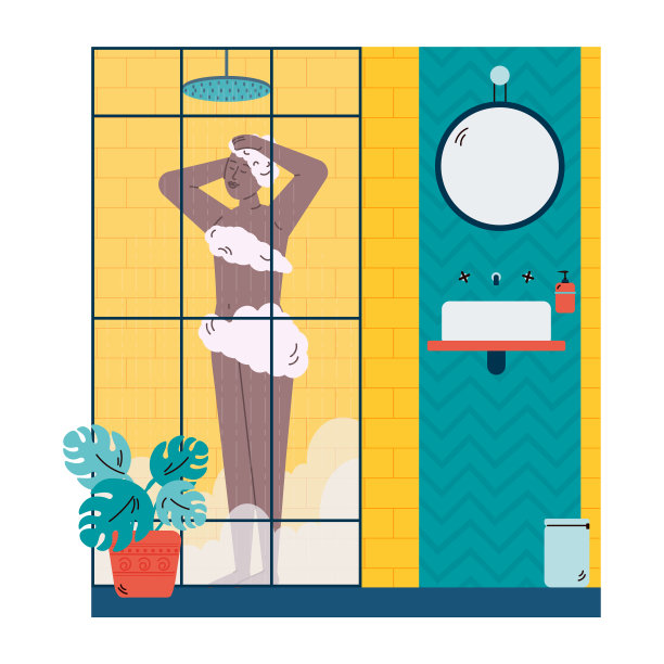 年轻的非洲妇女站在淋浴房，平面卡通矢量插图。图片下载