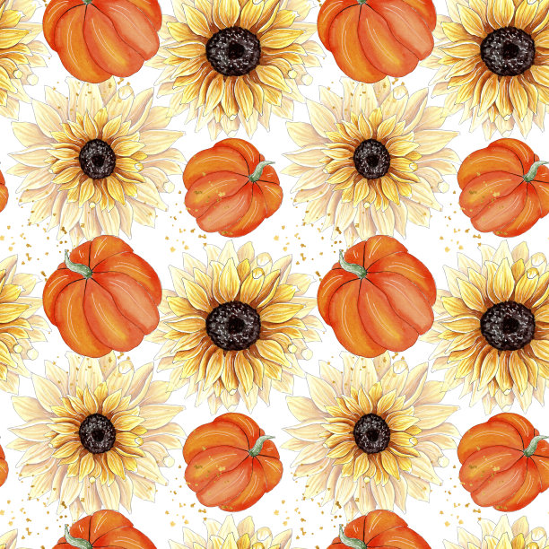 无缝水彩图案设计:南瓜和向日葵。图片下载