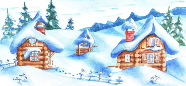 冬天的风景,水彩图片下载