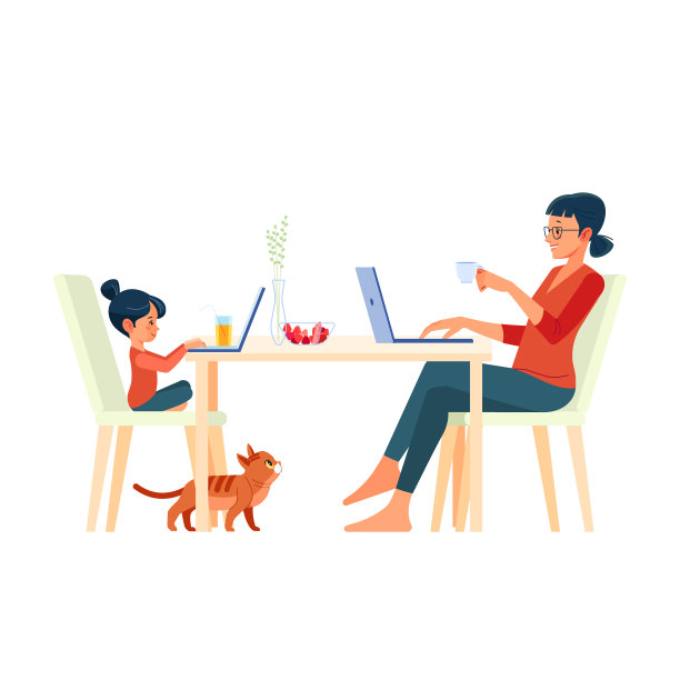 家庭母亲和女儿坐在办公桌前，在家里的电脑上工作。工作场所有孩子的女性自由职业者。儿童在线教育。孕妇和职业。卡通矢量图图片下载