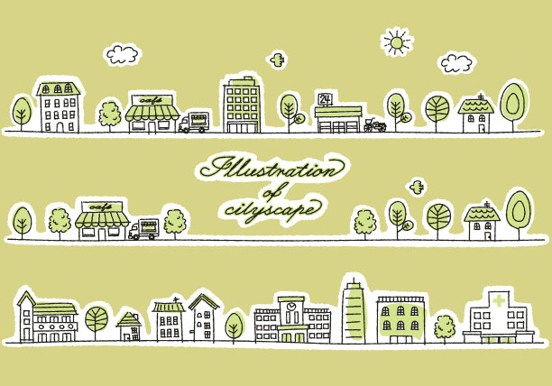 风景画用笔迹画的城镇风景图图片下载